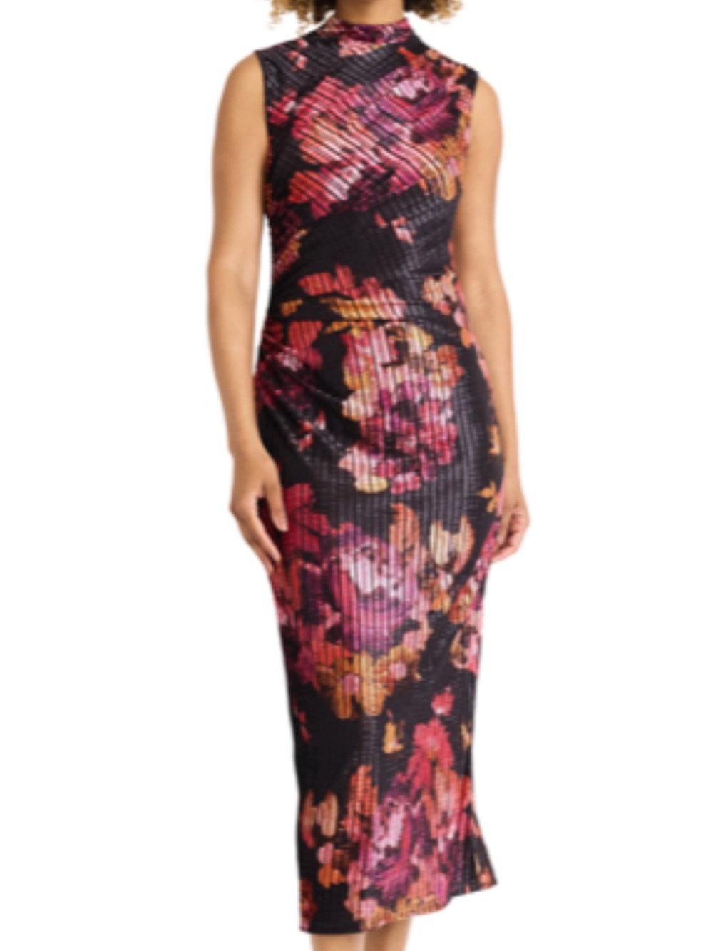Floral Velvet Ribbed Maxi Dress in Black with Pink & Orange Floral Print